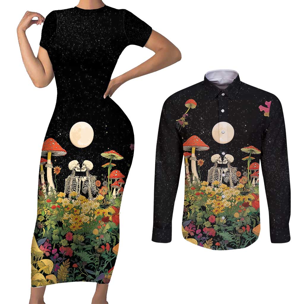 Skeleton Lovers Couples Matching Short Sleeve Bodycon Dress and Long Sleeve Button Shirt Hippie Gothic Aesthetic - Wonder Print Shop