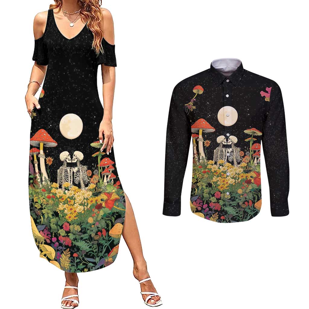 Skeleton Lovers Couples Matching Summer Maxi Dress and Long Sleeve Button Shirt Hippie Gothic Aesthetic - Wonder Print Shop