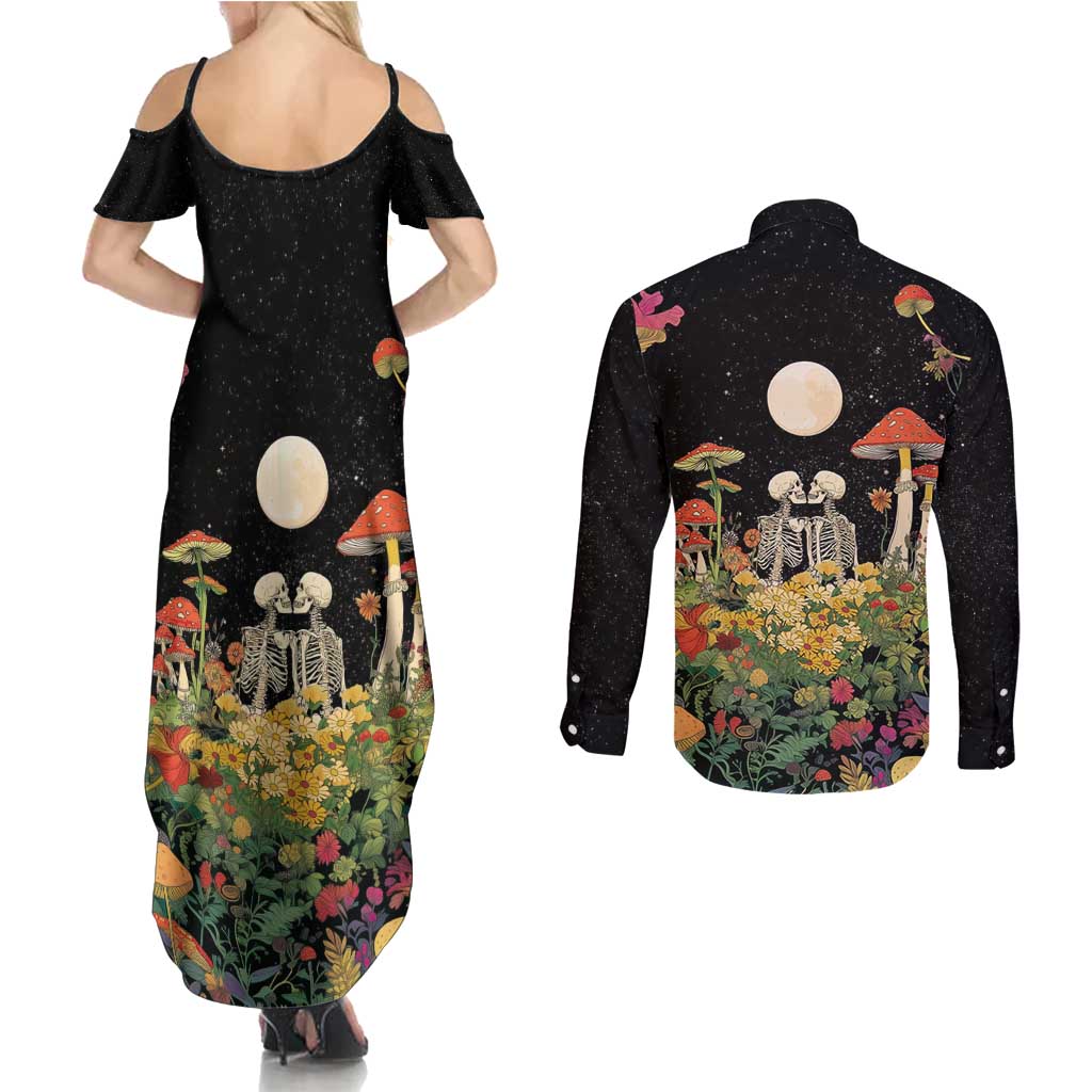 Skeleton Lovers Couples Matching Summer Maxi Dress and Long Sleeve Button Shirt Hippie Gothic Aesthetic - Wonder Print Shop