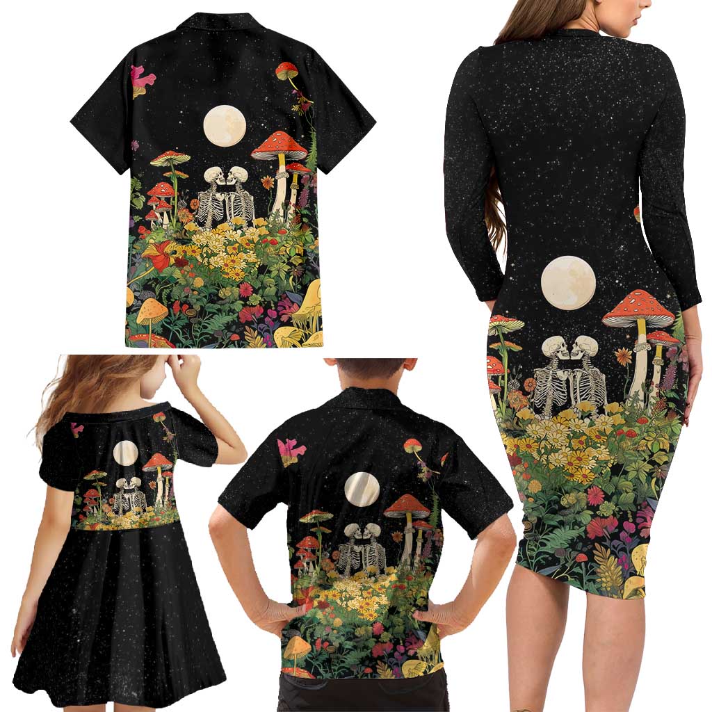 Skeleton Lovers Family Matching Long Sleeve Bodycon Dress and Hawaiian Shirt Hippie Gothic Aesthetic - Wonder Print Shop