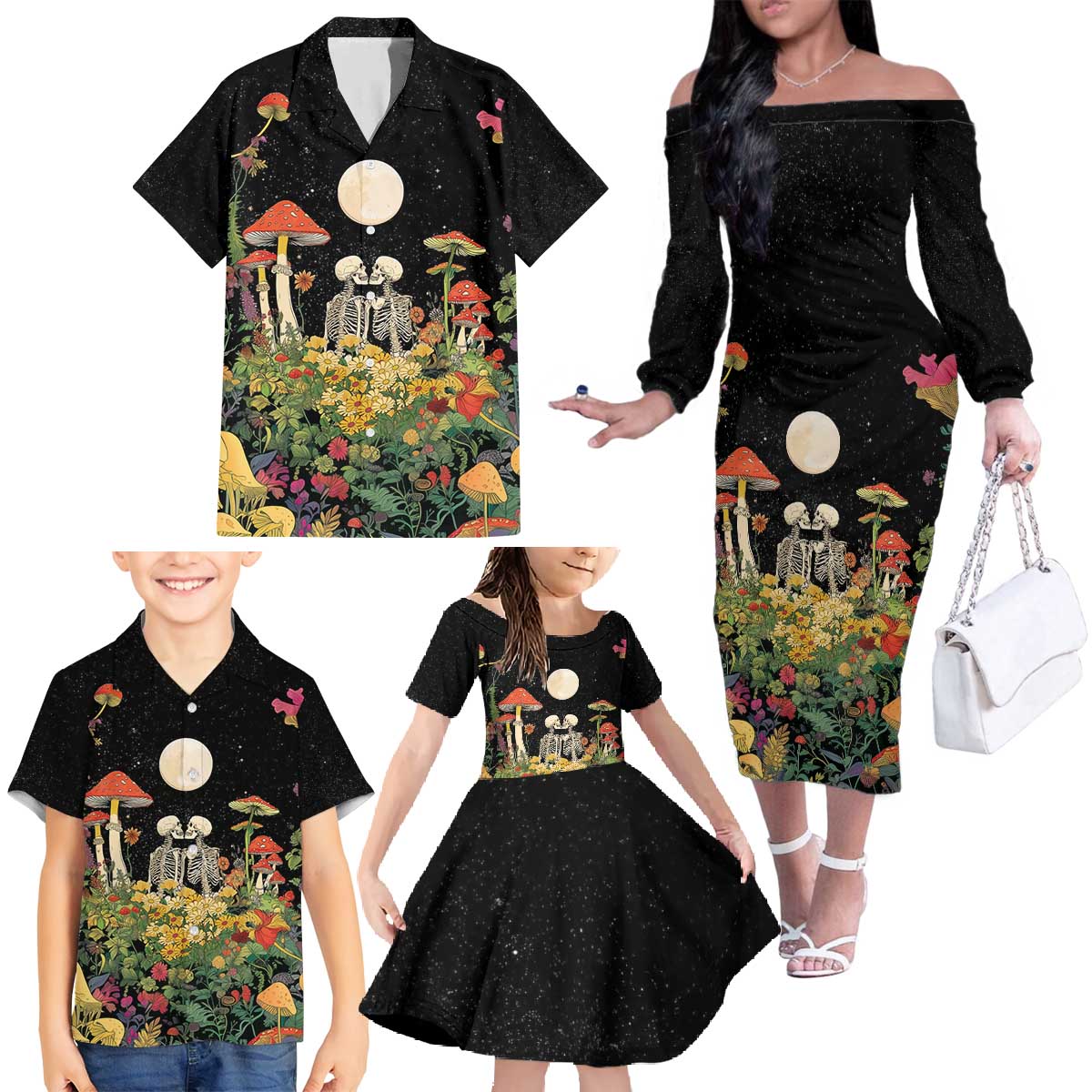 Skeleton Lovers Family Matching Off The Shoulder Long Sleeve Dress and Hawaiian Shirt Hippie Gothic Aesthetic - Wonder Print Shop