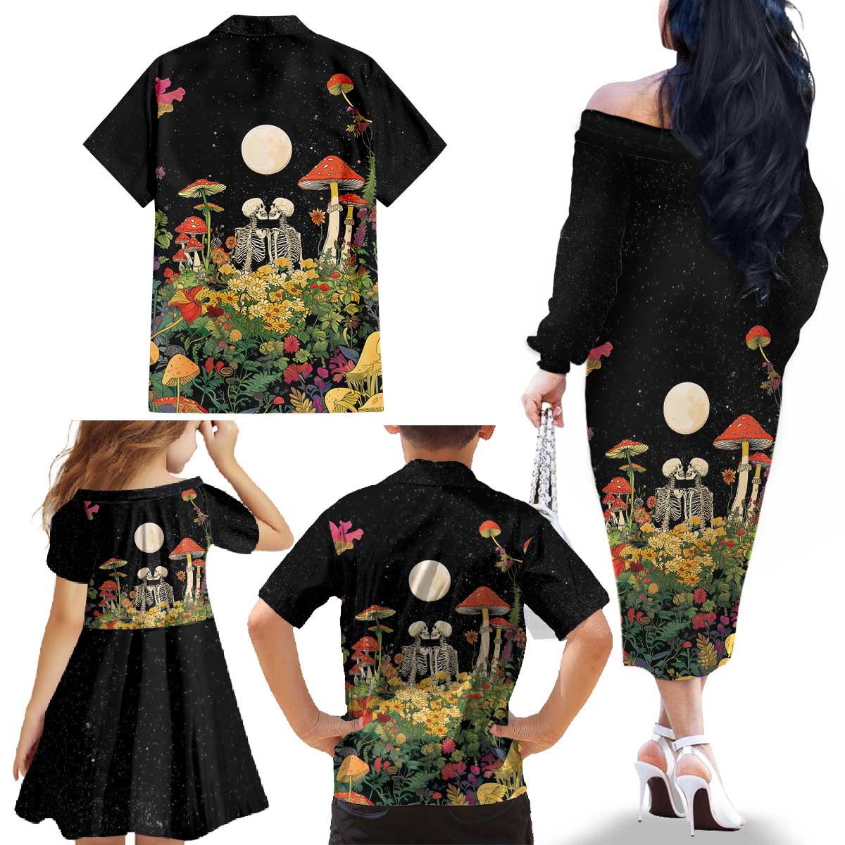 Skeleton Lovers Family Matching Off The Shoulder Long Sleeve Dress and Hawaiian Shirt Hippie Gothic Aesthetic - Wonder Print Shop