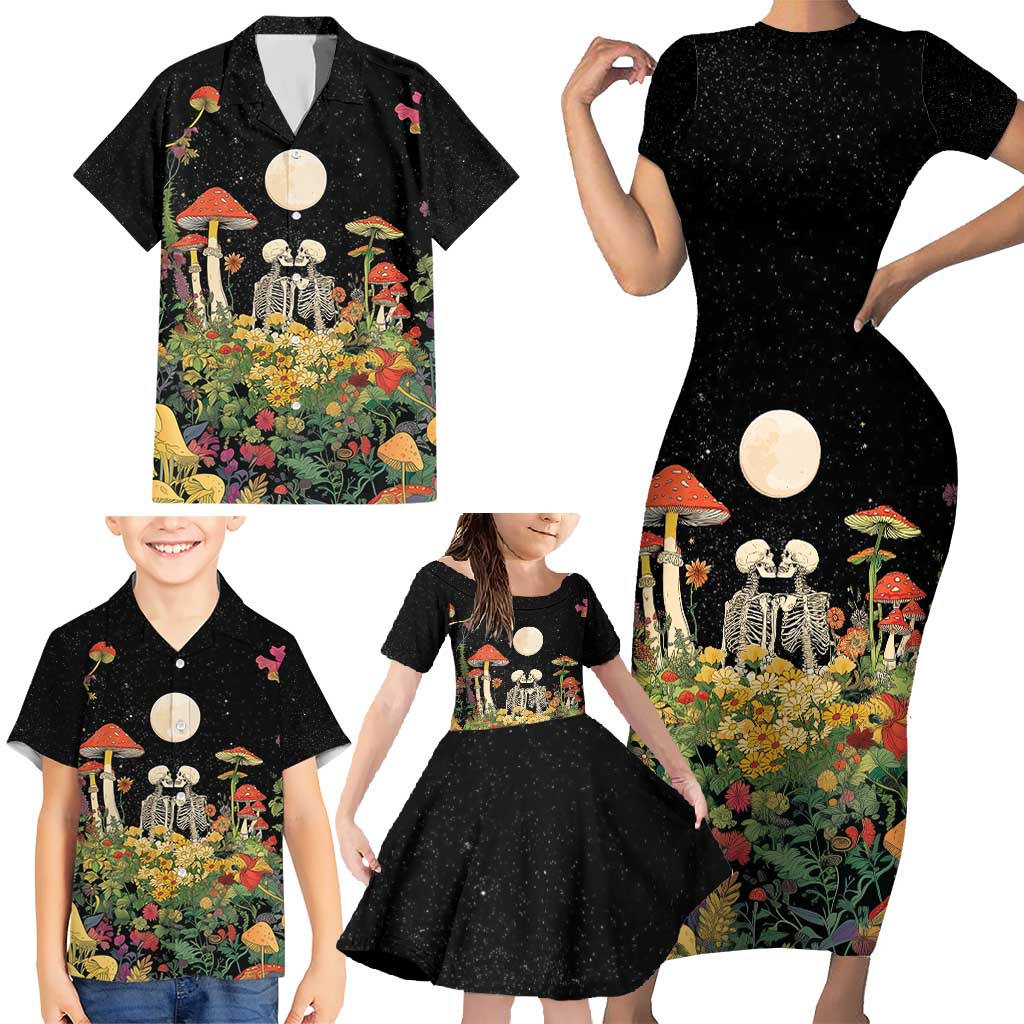 Skeleton Lovers Family Matching Short Sleeve Bodycon Dress and Hawaiian Shirt Hippie Gothic Aesthetic - Wonder Print Shop