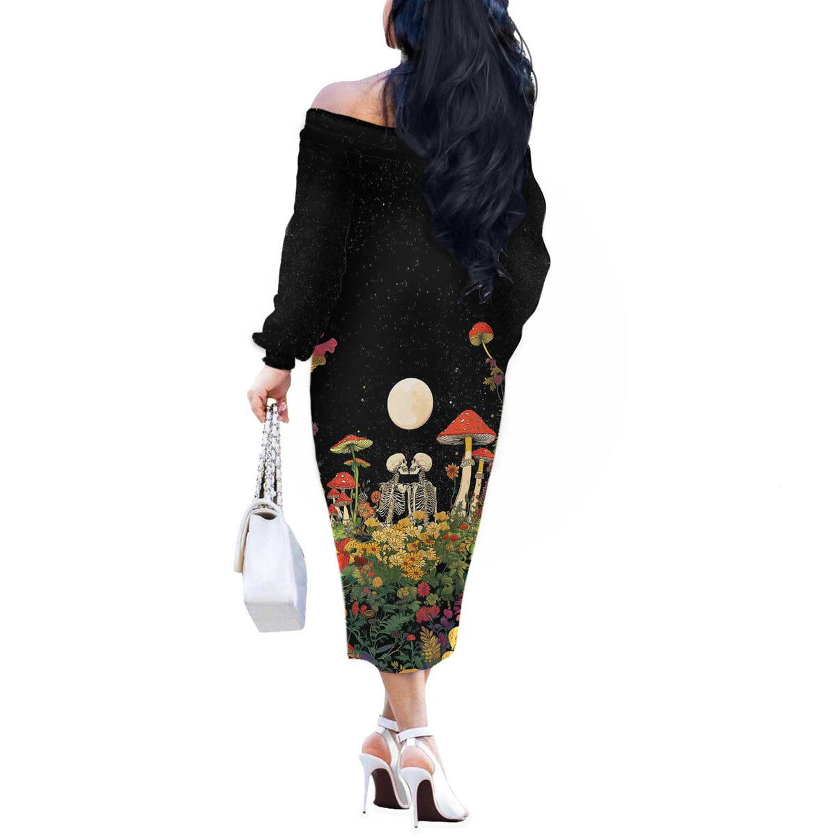 Skeleton Lovers Off The Shoulder Long Sleeve Dress Hippie Gothic Aesthetic - Wonder Print Shop