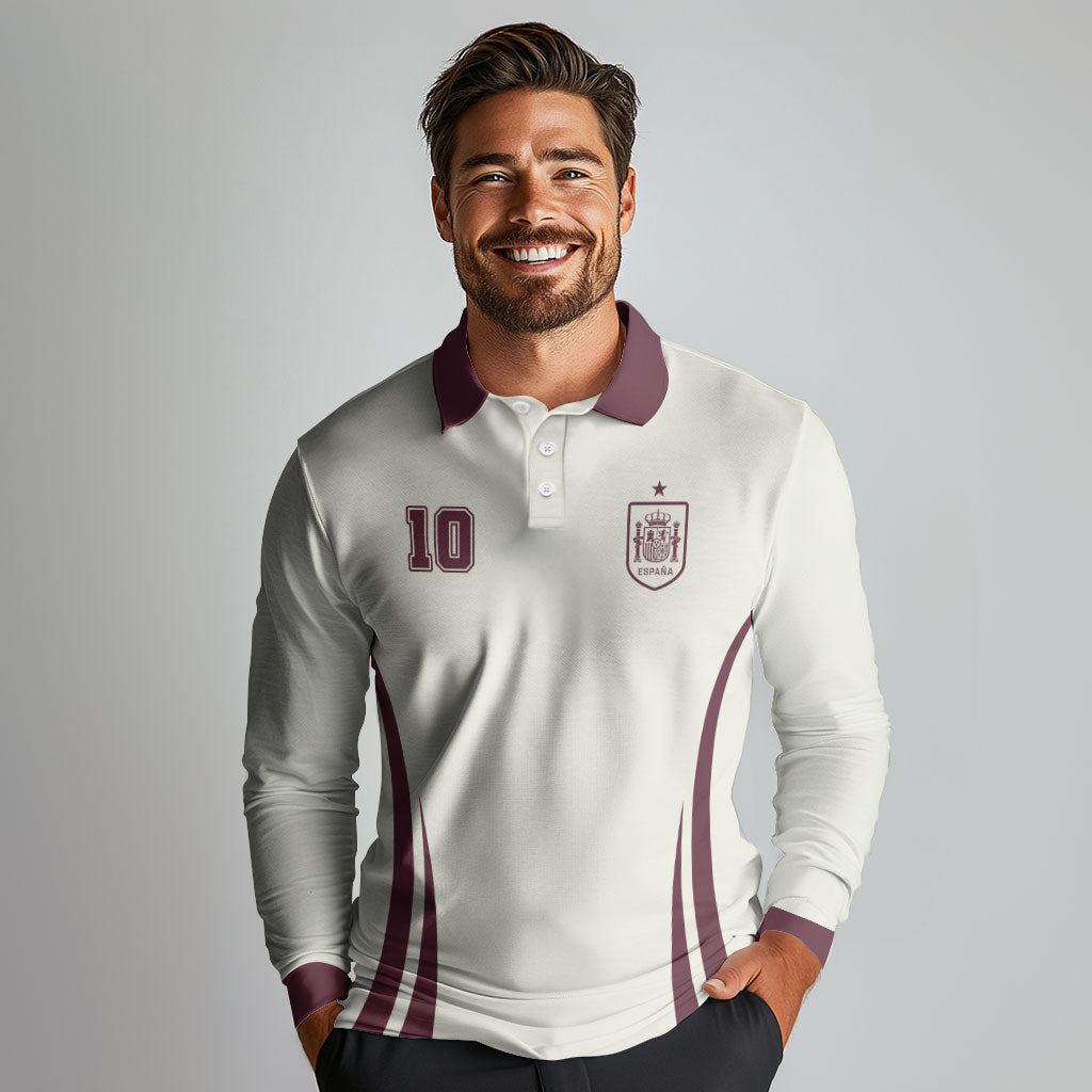Custom World Football 2026 Spain Long Sleeve Polo Shirt Come On Spain Beige Version