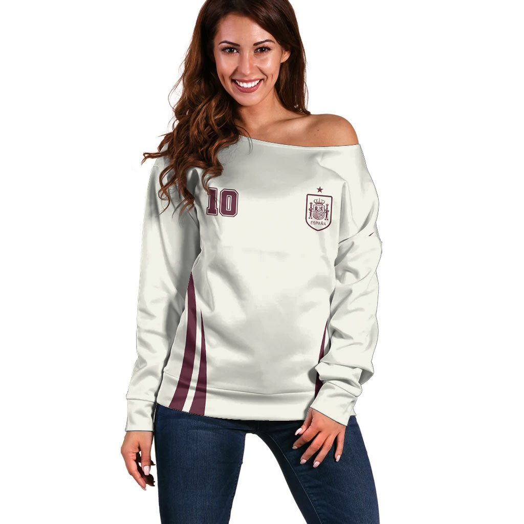 Custom World Football 2026 Spain Off Shoulder Sweater Come On Spain Beige Version