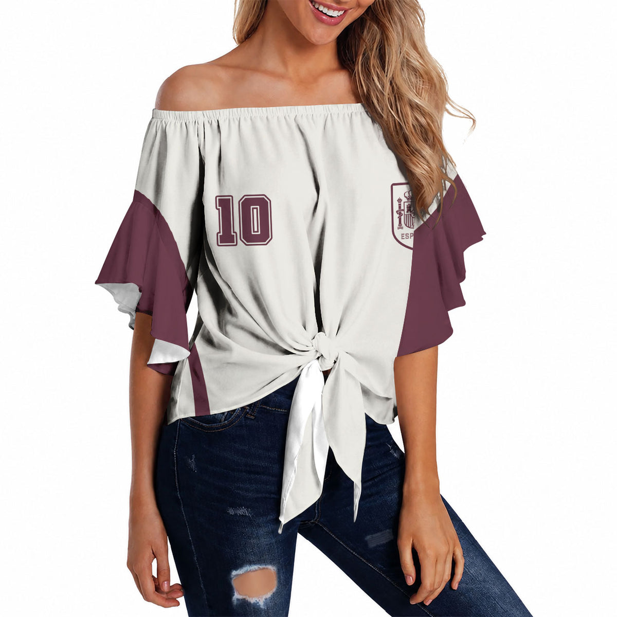 Custom World Football 2026 Spain Off Shoulder Wrap Waist Top Come On Spain Beige Version
