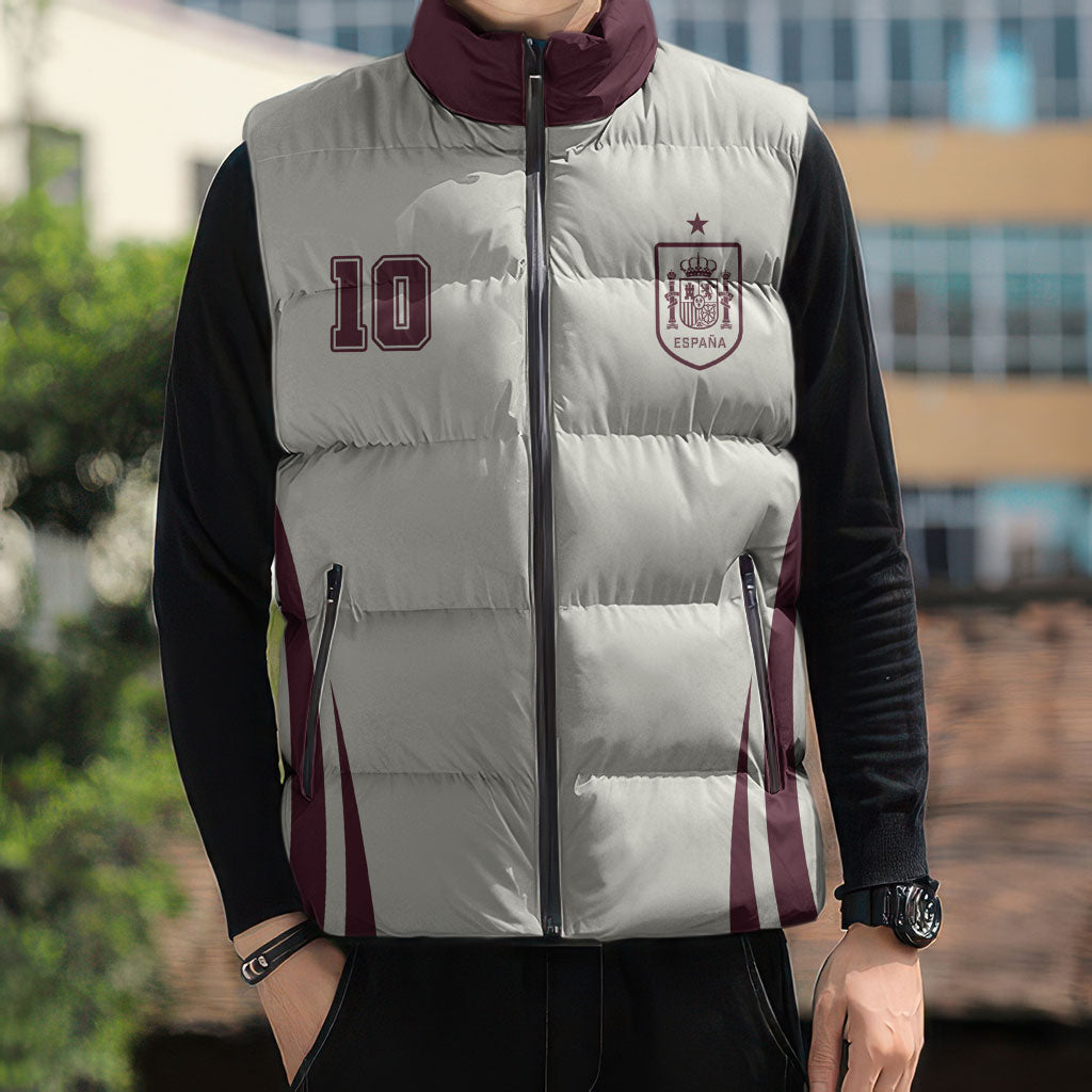 Custom World Football 2026 Spain Sleeveless Puffer Jacket Come On Spain Beige Version