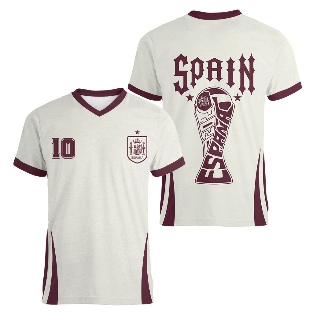 Custom World Football 2026 Spain Women V-Neck T-Shirt Come On Spain Beige Version