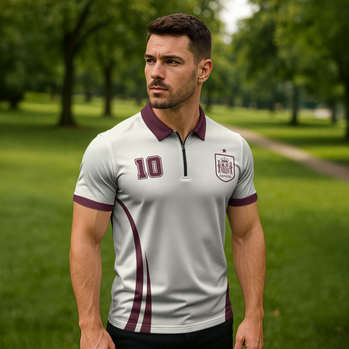 Custom World Football 2026 Spain Zipper Polo Shirt Come On Spain Beige Version