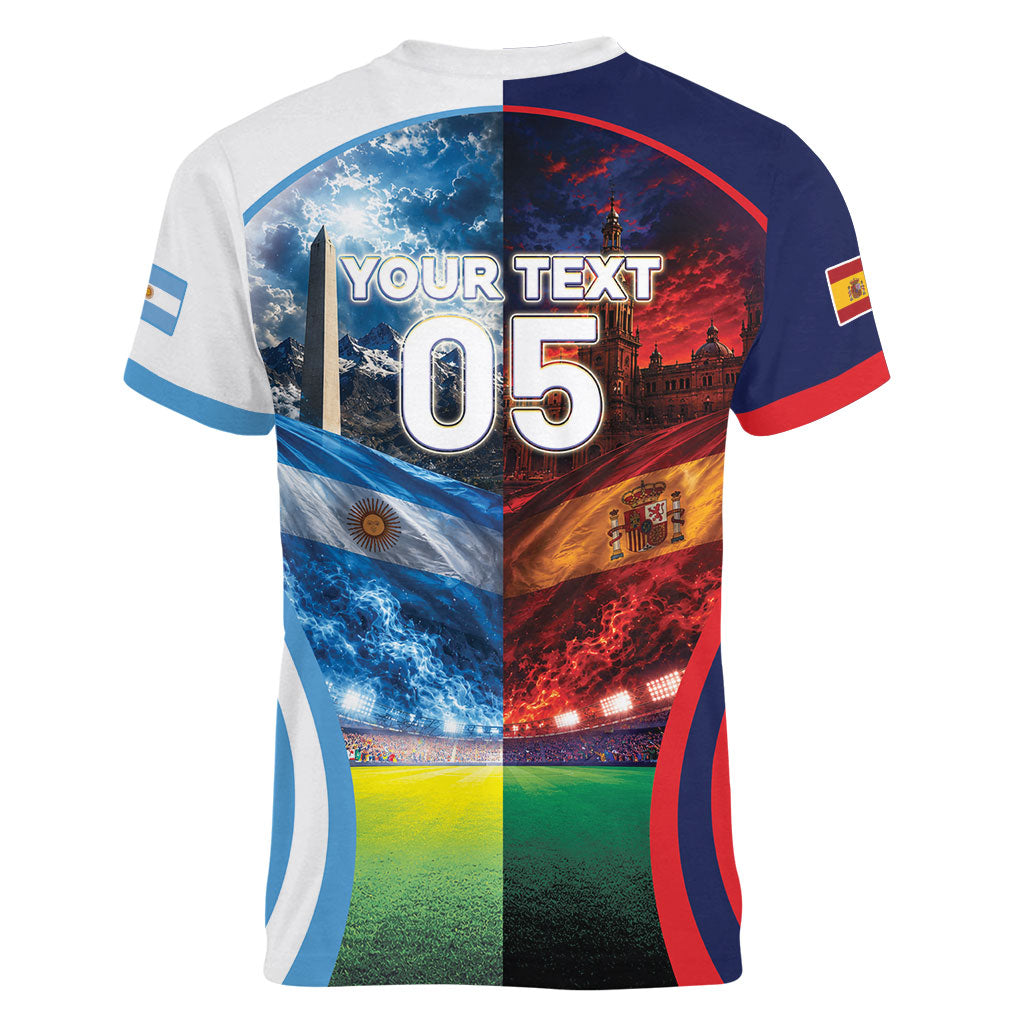 Custom Spain Argentina 2026 World Football Women V-Neck T-Shirt Go For Glory