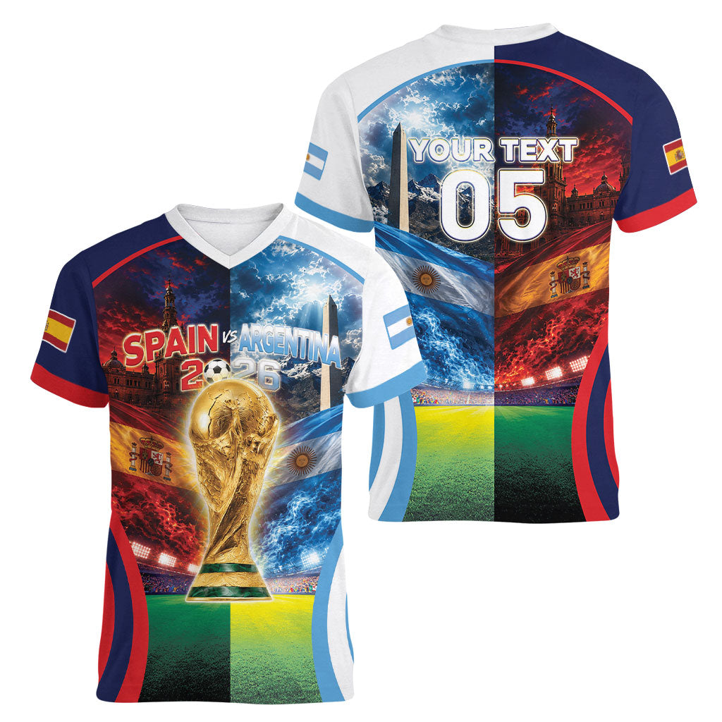 Custom Spain Argentina 2026 World Football Women V-Neck T-Shirt Go For Glory
