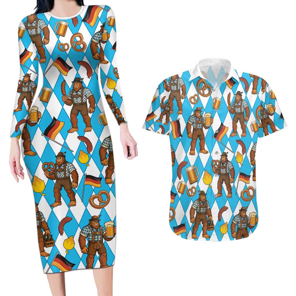 Funny Bigfoot Oktoberfest Couples Matching Long Sleeve Bodycon Dress and Hawaiian Shirt Sasquatch Beer Pretzel Bavarian - Wonder Print Shop