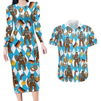 Funny Bigfoot Oktoberfest Couples Matching Long Sleeve Bodycon Dress and Hawaiian Shirt Sasquatch Beer Pretzel Bavarian - Wonder Print Shop