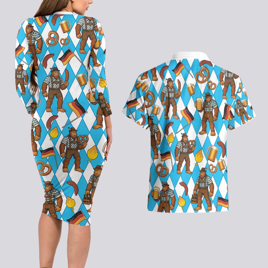 Funny Bigfoot Oktoberfest Couples Matching Long Sleeve Bodycon Dress and Hawaiian Shirt Sasquatch Beer Pretzel Bavarian - Wonder Print Shop