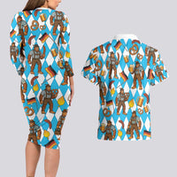 Funny Bigfoot Oktoberfest Couples Matching Long Sleeve Bodycon Dress and Hawaiian Shirt Sasquatch Beer Pretzel Bavarian - Wonder Print Shop