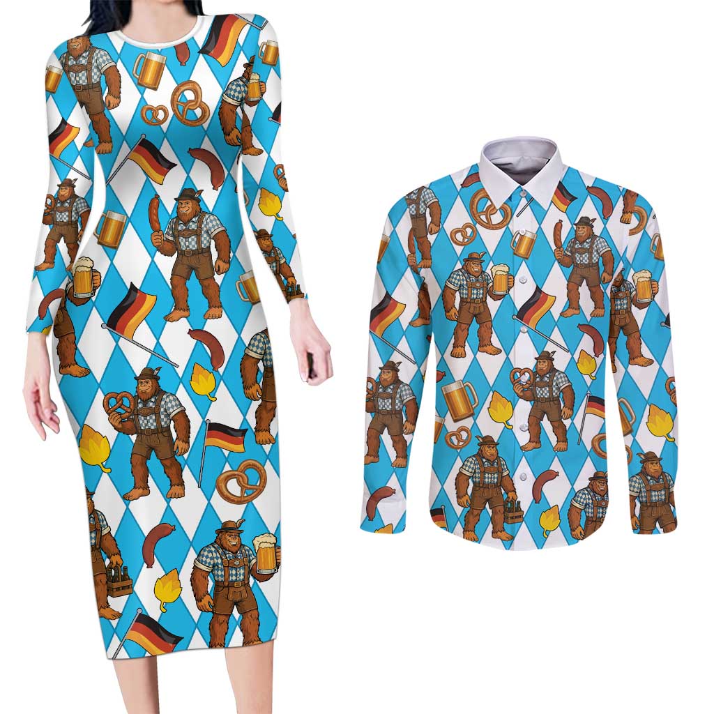 Funny Bigfoot Oktoberfest Couples Matching Long Sleeve Bodycon Dress and Long Sleeve Button Shirt Sasquatch Beer Pretzel Bavarian - Wonder Print Shop