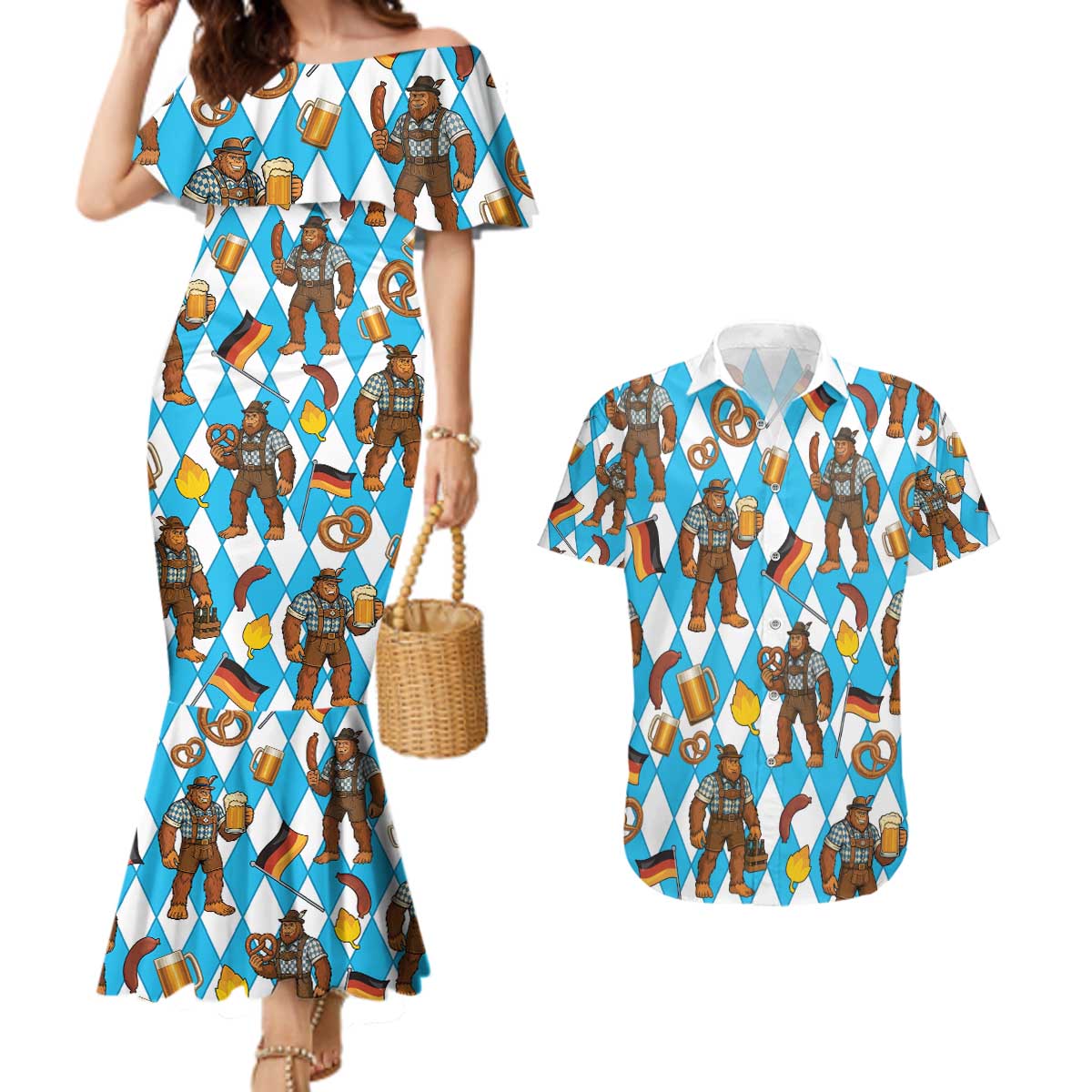 Funny Bigfoot Oktoberfest Couples Matching Mermaid Dress and Hawaiian Shirt Sasquatch Beer Pretzel Bavarian - Wonder Print Shop