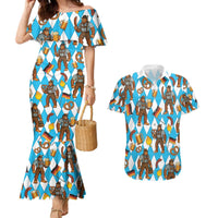 Funny Bigfoot Oktoberfest Couples Matching Mermaid Dress and Hawaiian Shirt Sasquatch Beer Pretzel Bavarian - Wonder Print Shop