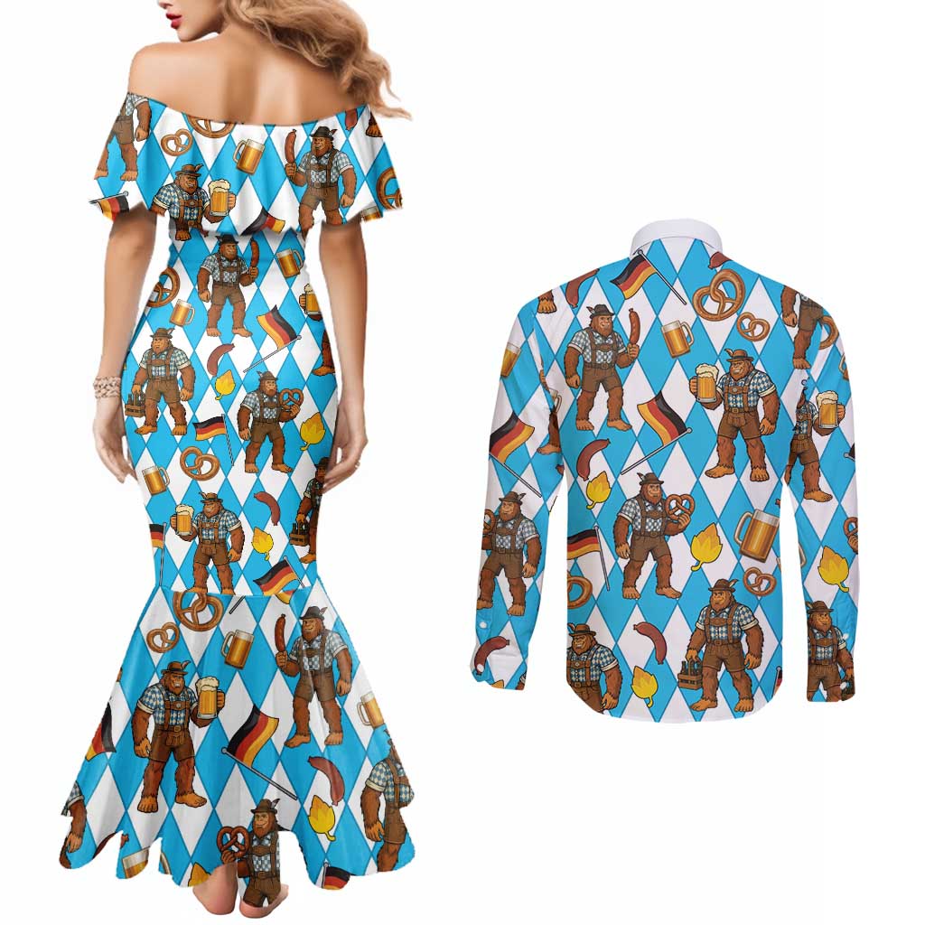 Funny Bigfoot Oktoberfest Couples Matching Mermaid Dress and Long Sleeve Button Shirt Sasquatch Beer Pretzel Bavarian - Wonder Print Shop