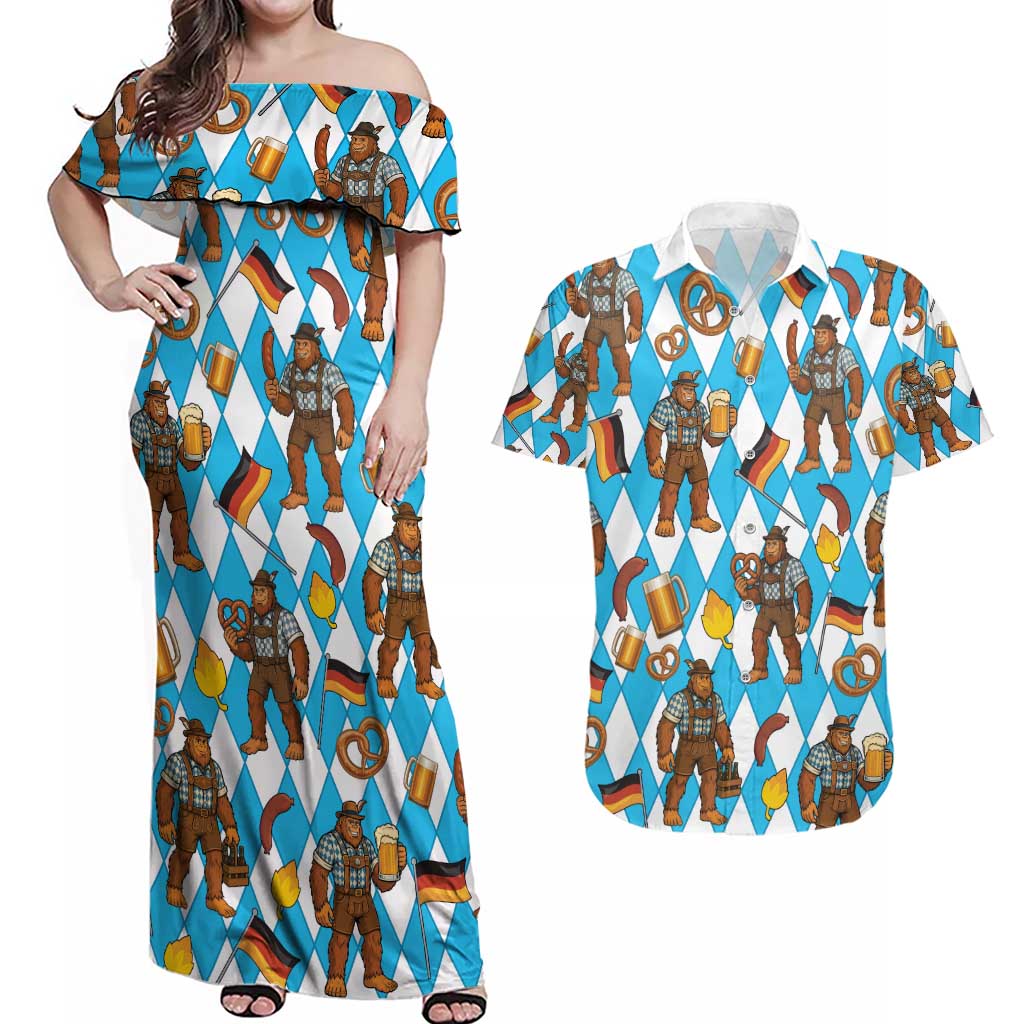Funny Bigfoot Oktoberfest Couples Matching Off Shoulder Maxi Dress and Hawaiian Shirt Sasquatch Beer Pretzel Bavarian - Wonder Print Shop