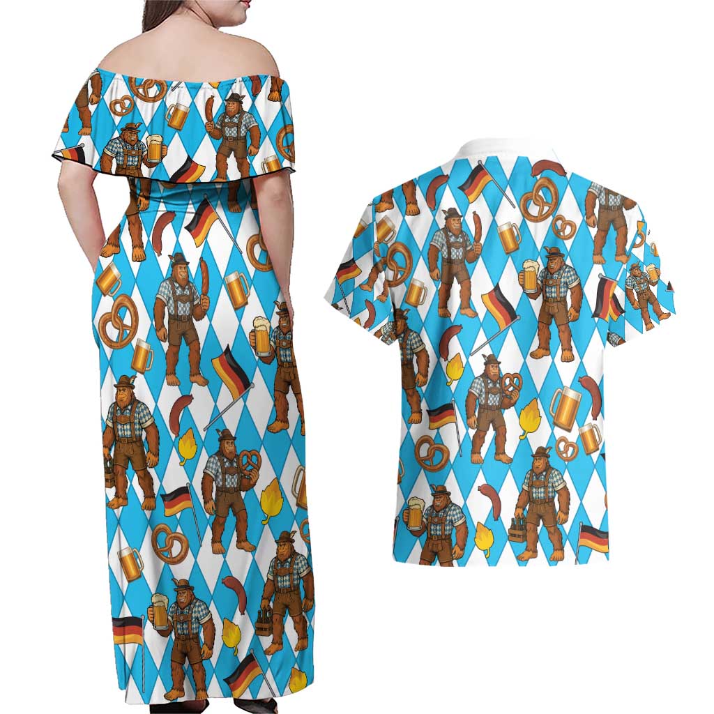 Funny Bigfoot Oktoberfest Couples Matching Off Shoulder Maxi Dress and Hawaiian Shirt Sasquatch Beer Pretzel Bavarian - Wonder Print Shop
