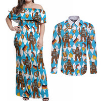 Funny Bigfoot Oktoberfest Couples Matching Off Shoulder Maxi Dress and Long Sleeve Button Shirt Sasquatch Beer Pretzel Bavarian - Wonder Print Shop