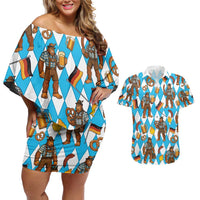 Funny Bigfoot Oktoberfest Couples Matching Off Shoulder Short Dress and Hawaiian Shirt Sasquatch Beer Pretzel Bavarian - Wonder Print Shop
