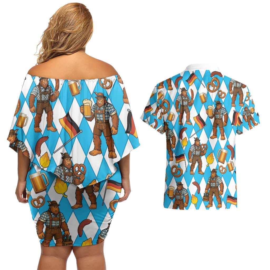 Funny Bigfoot Oktoberfest Couples Matching Off Shoulder Short Dress and Hawaiian Shirt Sasquatch Beer Pretzel Bavarian - Wonder Print Shop