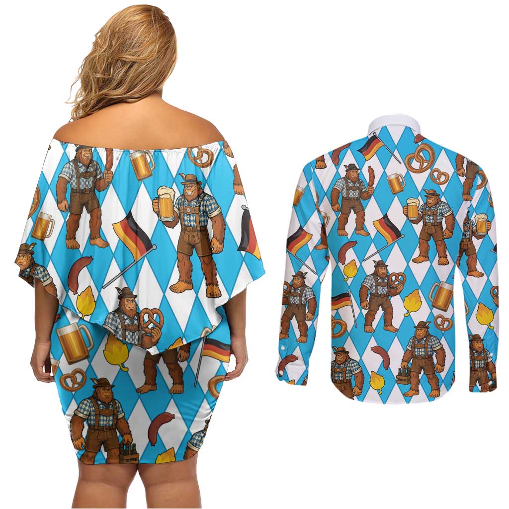 Funny Bigfoot Oktoberfest Couples Matching Off Shoulder Short Dress and Long Sleeve Button Shirt Sasquatch Beer Pretzel Bavarian - Wonder Print Shop