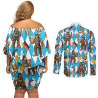 Funny Bigfoot Oktoberfest Couples Matching Off Shoulder Short Dress and Long Sleeve Button Shirt Sasquatch Beer Pretzel Bavarian - Wonder Print Shop