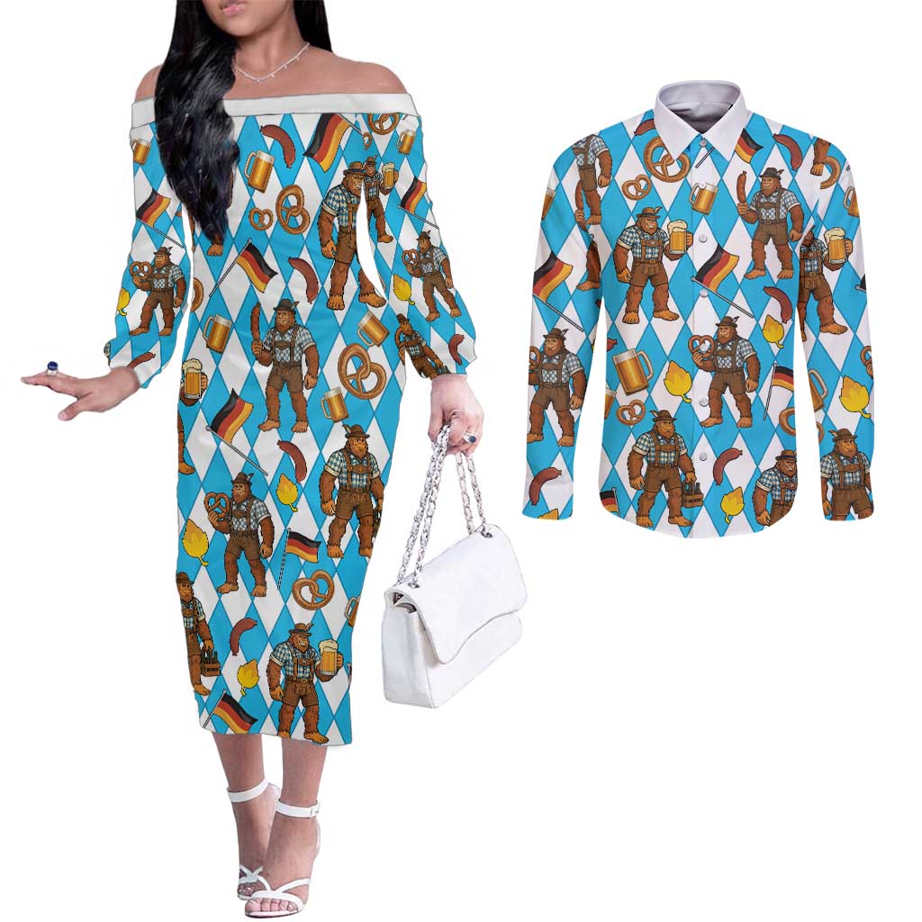 Funny Bigfoot Oktoberfest Couples Matching Off The Shoulder Long Sleeve Dress and Long Sleeve Button Shirt Sasquatch Beer Pretzel Bavarian - Wonder Print Shop