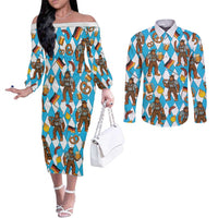 Funny Bigfoot Oktoberfest Couples Matching Off The Shoulder Long Sleeve Dress and Long Sleeve Button Shirt Sasquatch Beer Pretzel Bavarian - Wonder Print Shop
