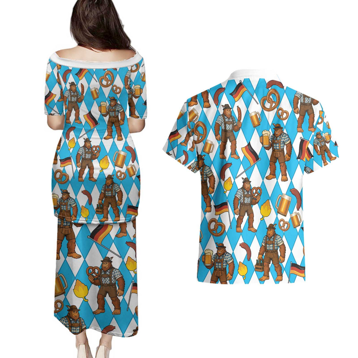 Funny Bigfoot Oktoberfest Couples Matching Puletasi and Hawaiian Shirt Sasquatch Beer Pretzel Bavarian - Wonder Print Shop