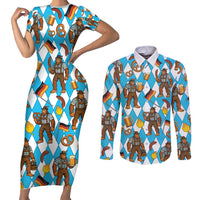 Funny Bigfoot Oktoberfest Couples Matching Short Sleeve Bodycon Dress and Long Sleeve Button Shirt Sasquatch Beer Pretzel Bavarian - Wonder Print Shop