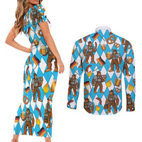 Funny Bigfoot Oktoberfest Couples Matching Short Sleeve Bodycon Dress and Long Sleeve Button Shirt Sasquatch Beer Pretzel Bavarian - Wonder Print Shop