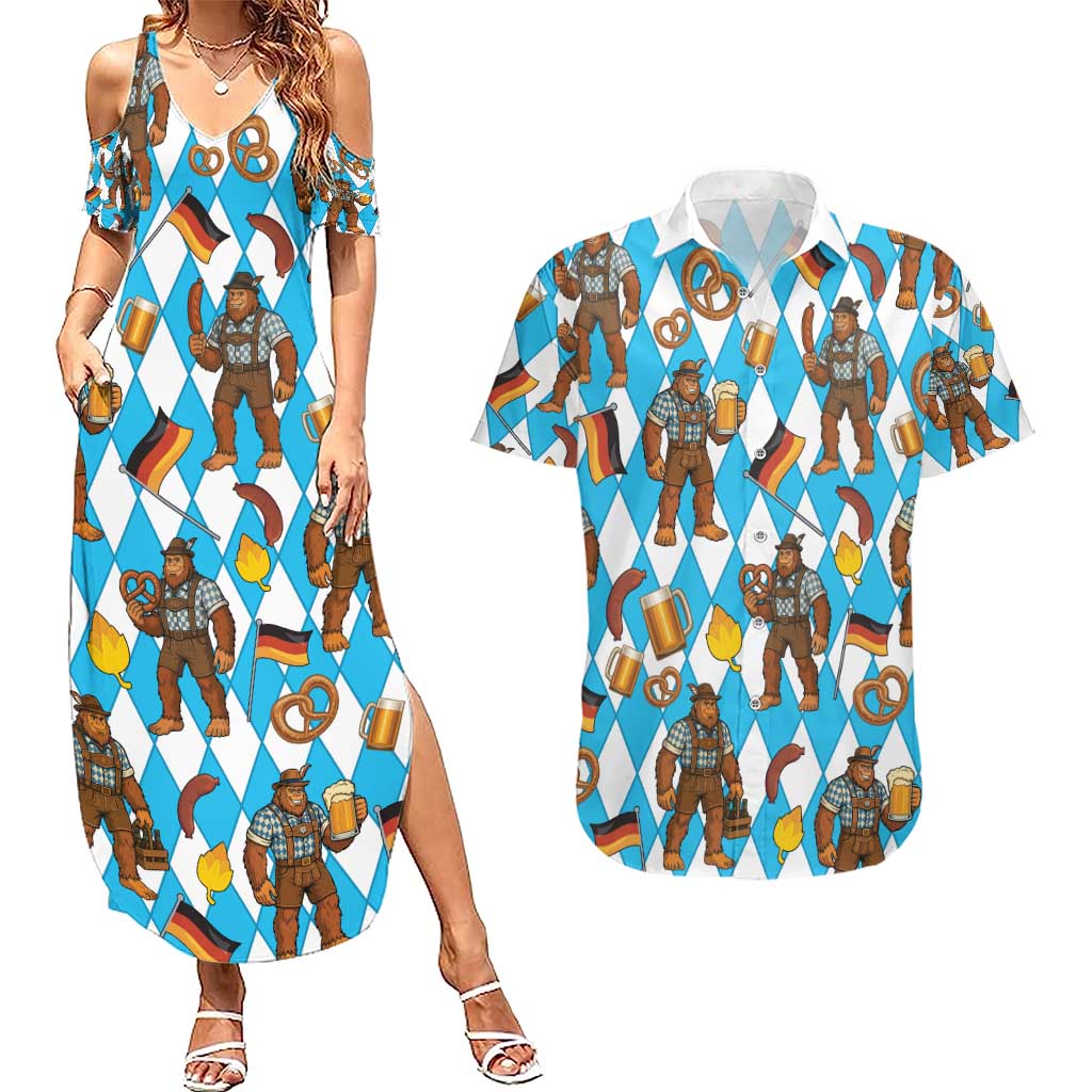 Funny Bigfoot Oktoberfest Couples Matching Summer Maxi Dress and Hawaiian Shirt Sasquatch Beer Pretzel Bavarian - Wonder Print Shop
