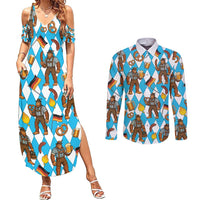 Funny Bigfoot Oktoberfest Couples Matching Summer Maxi Dress and Long Sleeve Button Shirt Sasquatch Beer Pretzel Bavarian - Wonder Print Shop