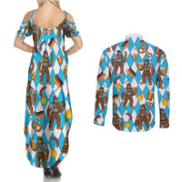 Funny Bigfoot Oktoberfest Couples Matching Summer Maxi Dress and Long Sleeve Button Shirt Sasquatch Beer Pretzel Bavarian - Wonder Print Shop