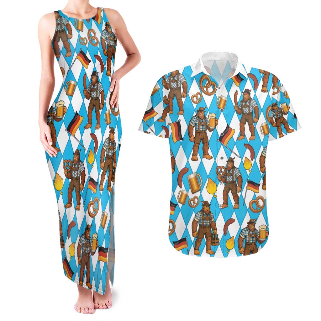 Funny Bigfoot Oktoberfest Couples Matching Tank Maxi Dress and Hawaiian Shirt Sasquatch Beer Pretzel Bavarian - Wonder Print Shop