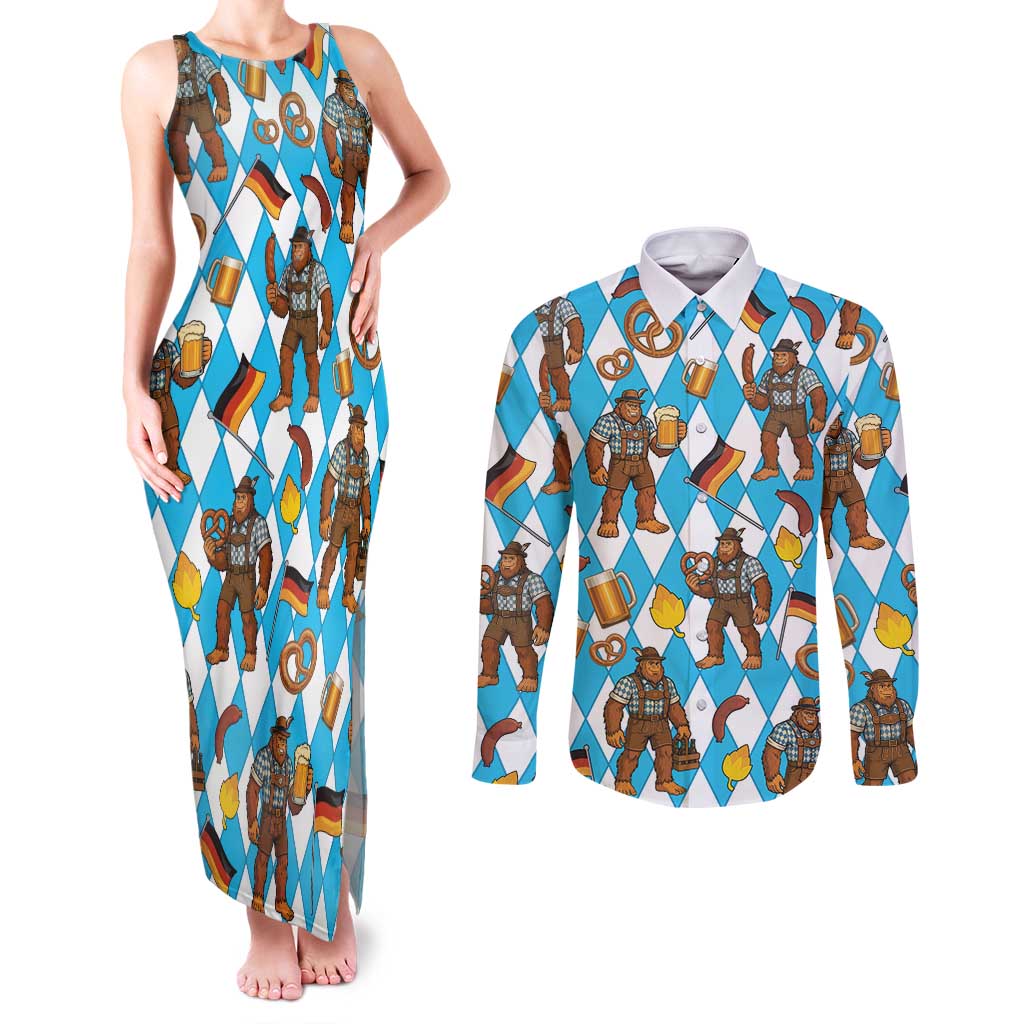 Funny Bigfoot Oktoberfest Couples Matching Tank Maxi Dress and Long Sleeve Button Shirt Sasquatch Beer Pretzel Bavarian - Wonder Print Shop