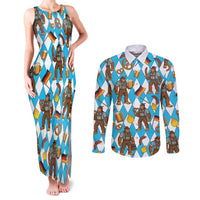 Funny Bigfoot Oktoberfest Couples Matching Tank Maxi Dress and Long Sleeve Button Shirt Sasquatch Beer Pretzel Bavarian - Wonder Print Shop