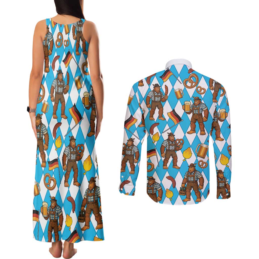 Funny Bigfoot Oktoberfest Couples Matching Tank Maxi Dress and Long Sleeve Button Shirt Sasquatch Beer Pretzel Bavarian - Wonder Print Shop