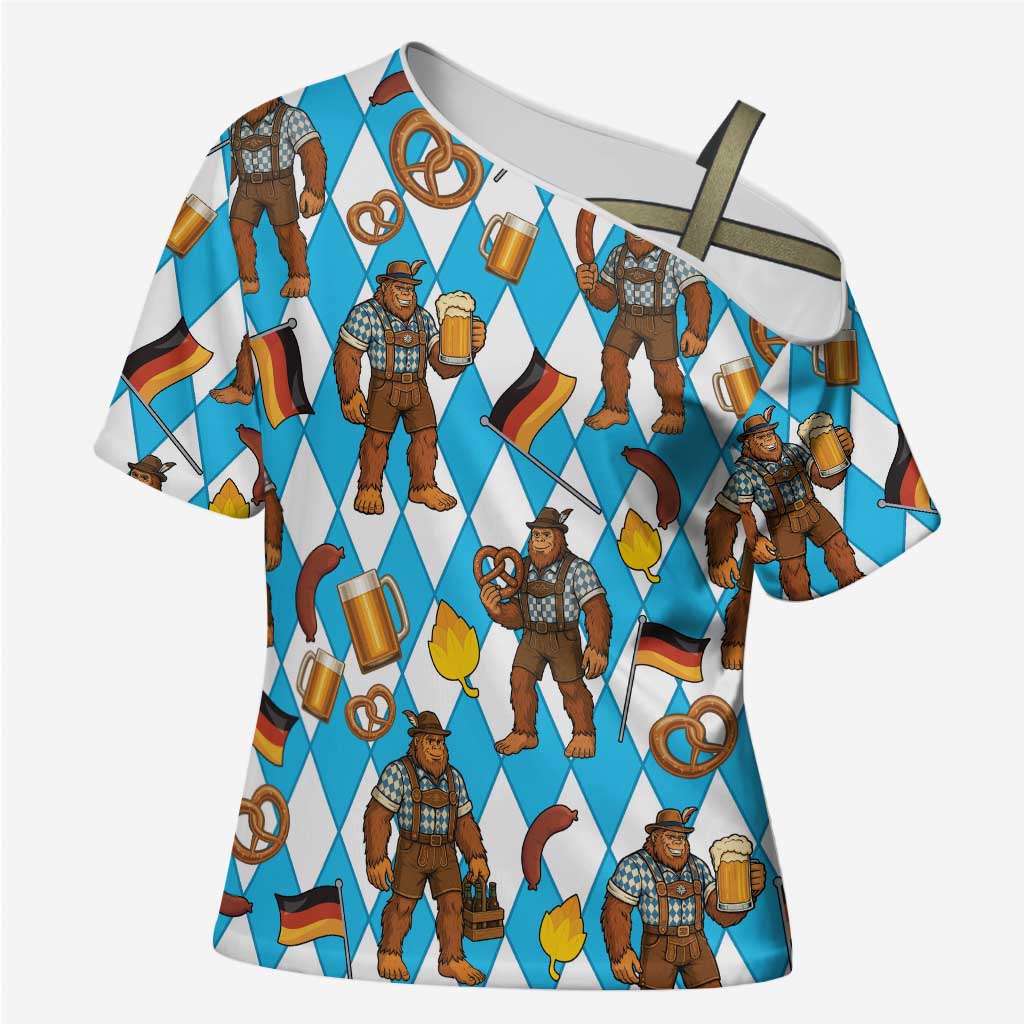 Funny Bigfoot Oktoberfest Cross Shoulder Shirt Sasquatch Beer Pretzel Bavarian - Wonder Print Shop