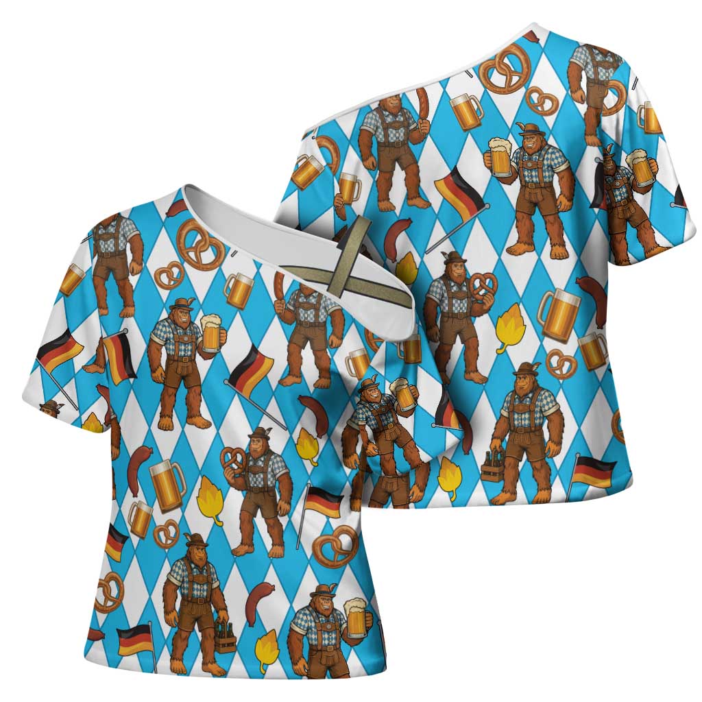 Funny Bigfoot Oktoberfest Cross Shoulder Shirt Sasquatch Beer Pretzel Bavarian - Wonder Print Shop