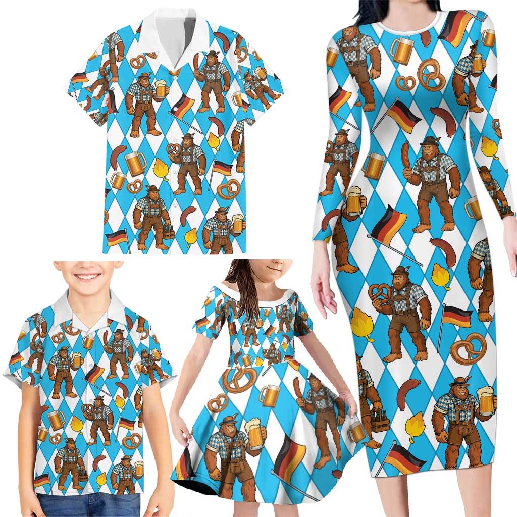 Funny Bigfoot Oktoberfest Family Matching Long Sleeve Bodycon Dress and Hawaiian Shirt Sasquatch Beer Pretzel Bavarian - Wonder Print Shop