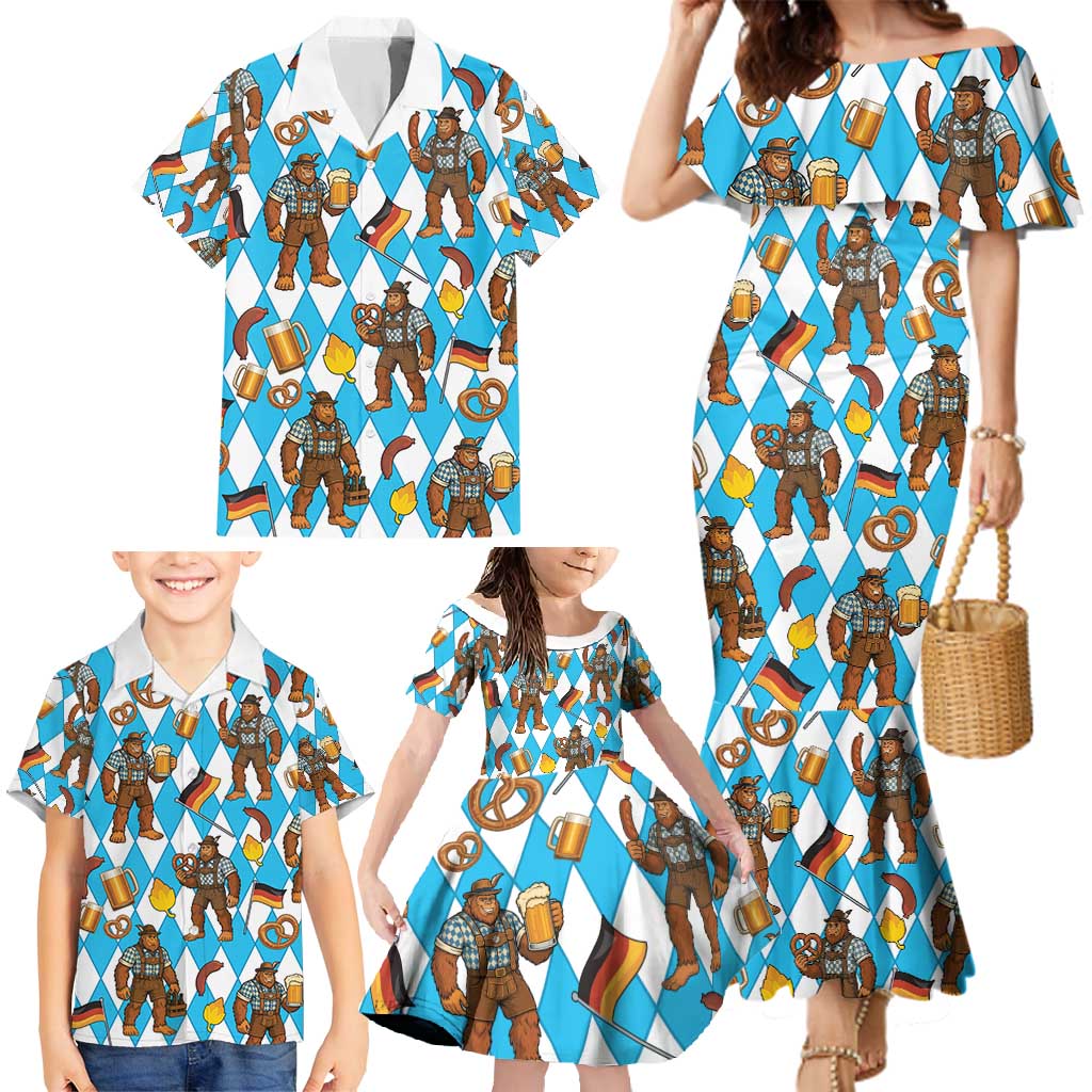 Funny Bigfoot Oktoberfest Family Matching Mermaid Dress and Hawaiian Shirt Sasquatch Beer Pretzel Bavarian - Wonder Print Shop