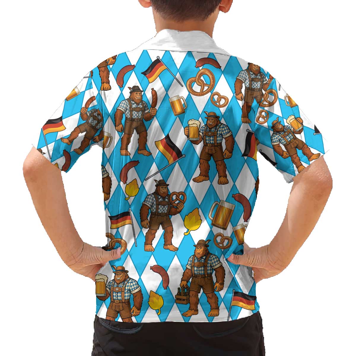 Funny Bigfoot Oktoberfest Family Matching Off The Shoulder Long Sleeve Dress and Hawaiian Shirt Sasquatch Beer Pretzel Bavarian - Wonder Print Shop