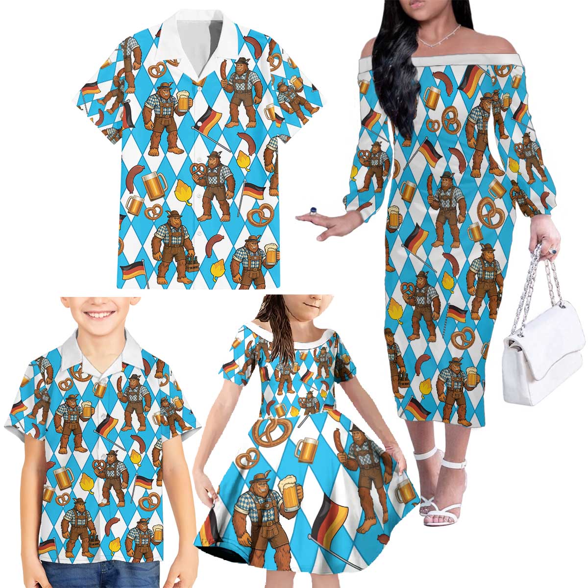 Funny Bigfoot Oktoberfest Family Matching Off The Shoulder Long Sleeve Dress and Hawaiian Shirt Sasquatch Beer Pretzel Bavarian - Wonder Print Shop