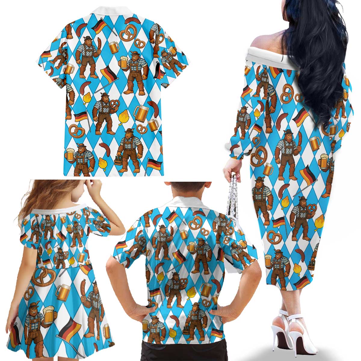 Funny Bigfoot Oktoberfest Family Matching Off The Shoulder Long Sleeve Dress and Hawaiian Shirt Sasquatch Beer Pretzel Bavarian - Wonder Print Shop